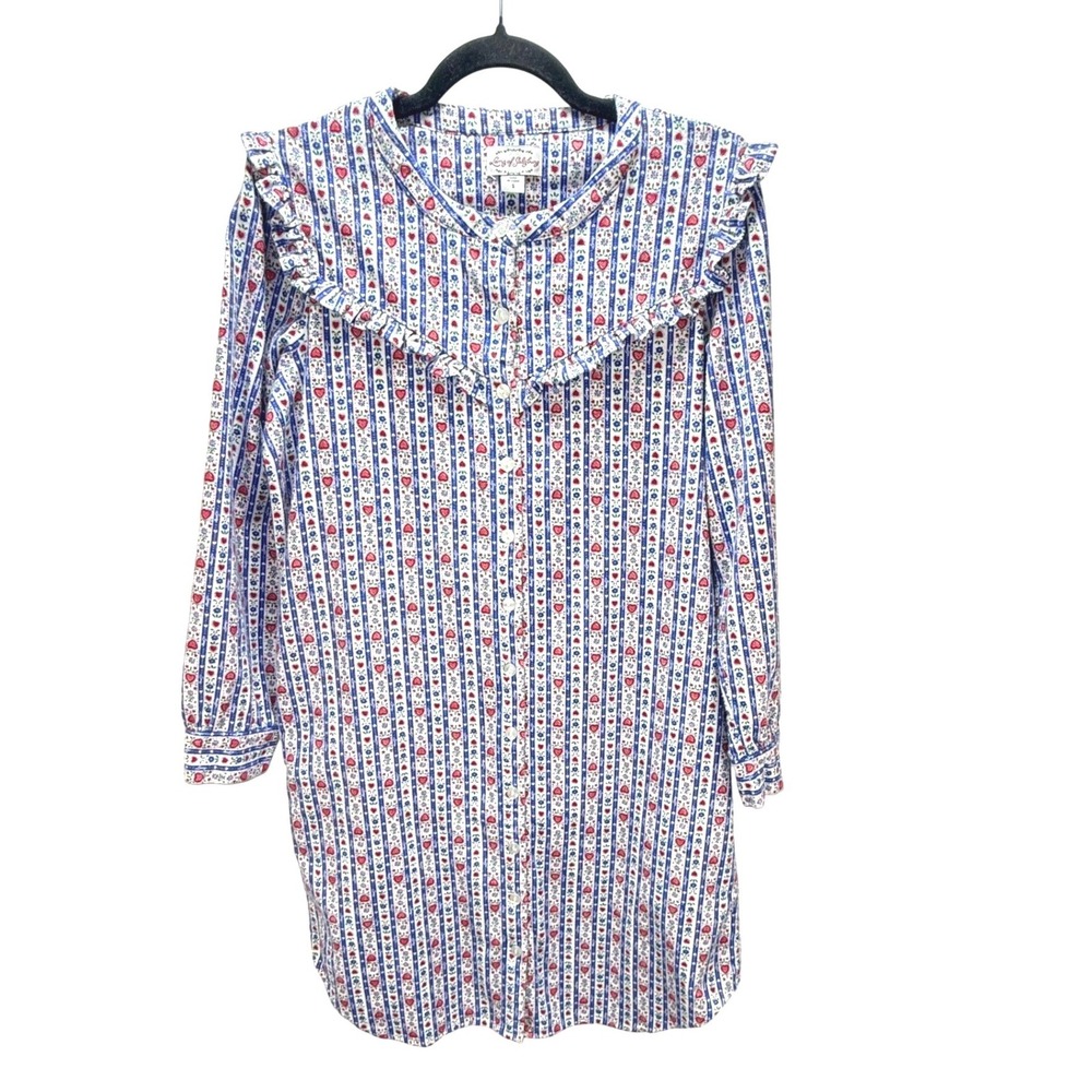Lanz of Salzburg Nightgown‎ Size S Blue Red Heart Stripe Flannel Cotton Grandma - Picture 8 of 8
